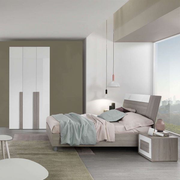 Camera Matera grigio reina/bianco laccato lucido con armadio 3 ante, letto e 2 comodini