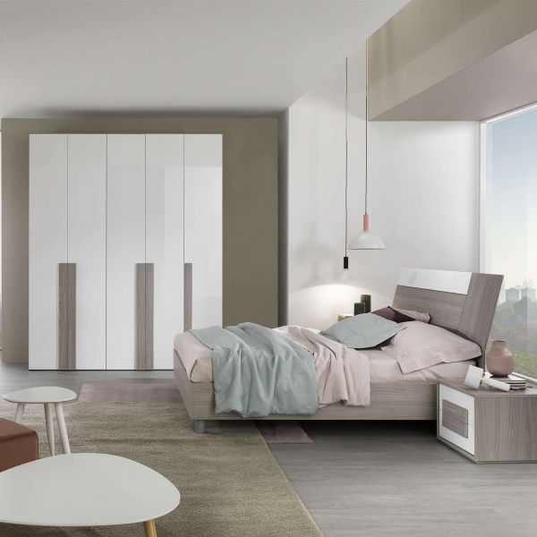 Camera Matera grigio reina/bianco laccato lucido con armadio 5 ante, letto e 2 comodini