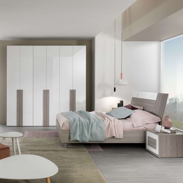 Camera Matera grigio reina/bianco laccato lucido con armadio 6 ante, letto e 2 comodini