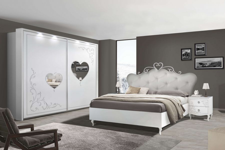 Camera LEONORA bianco frassino con armadio scorrevole L.243, letto e coppia comodini