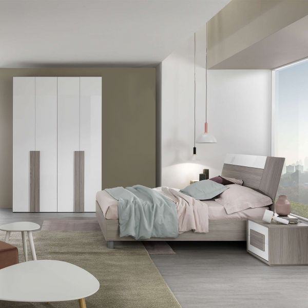 Camera Matera grigio reina/bianco laccato lucido con armadio 4 ante, letto e 2 comodini