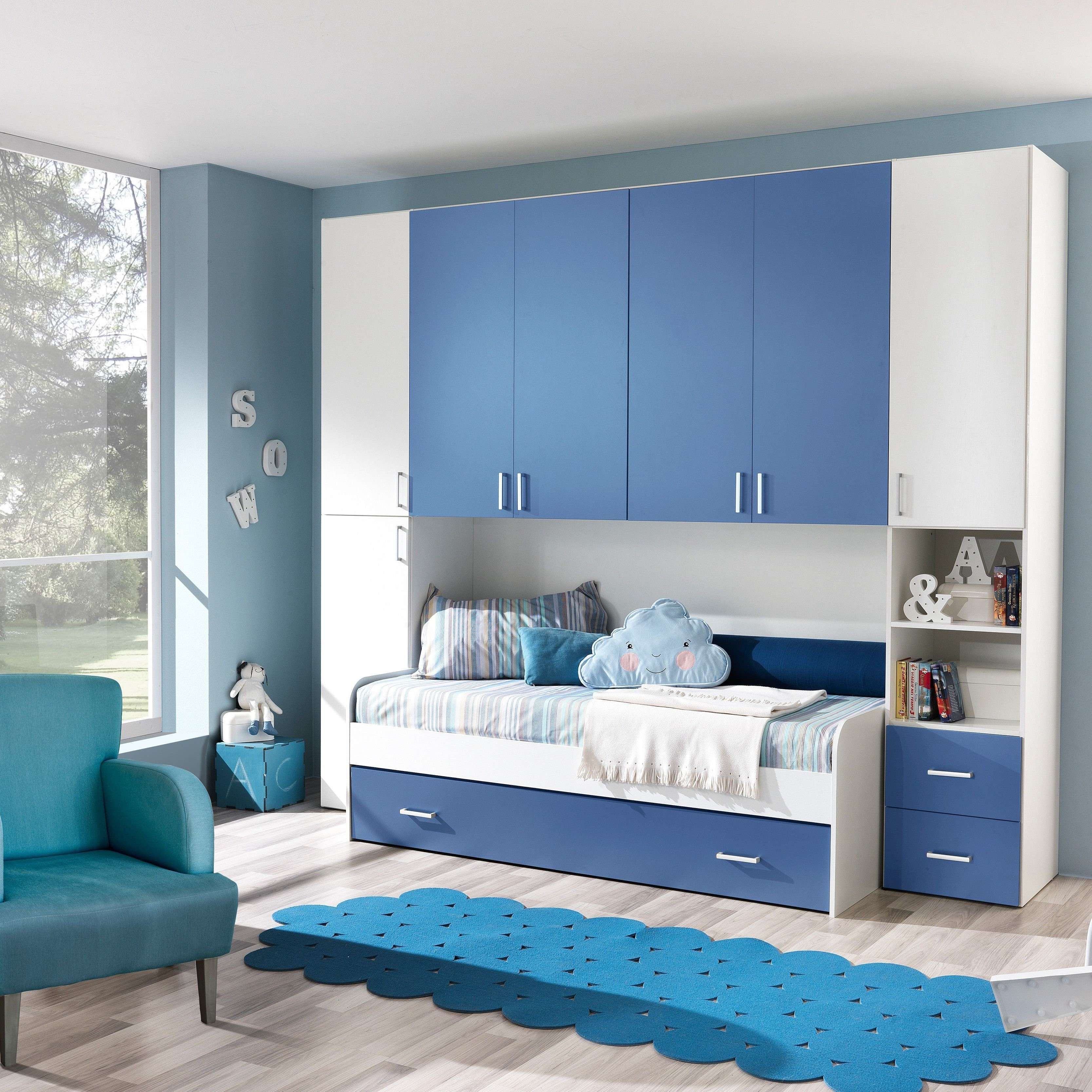 Cameretta SMART armadio ponte bianco frassino e blu con divano letto con  due reti doghe legno