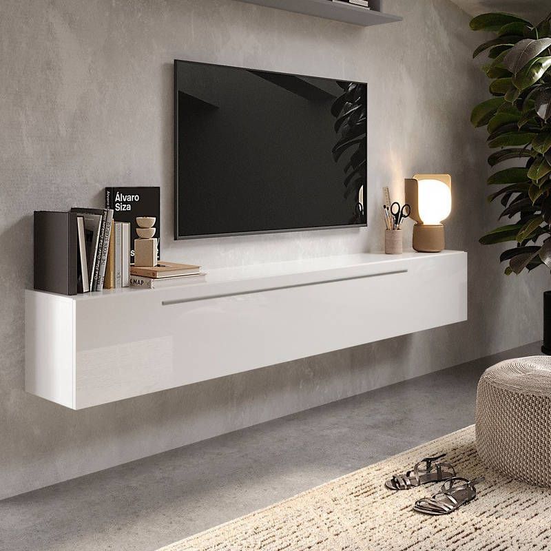 Pensile da parete, Made in Italy, con anta a ribalta, Mobile da soggiorno  sospeso, cm 180x30h40, colore Bianco lucido