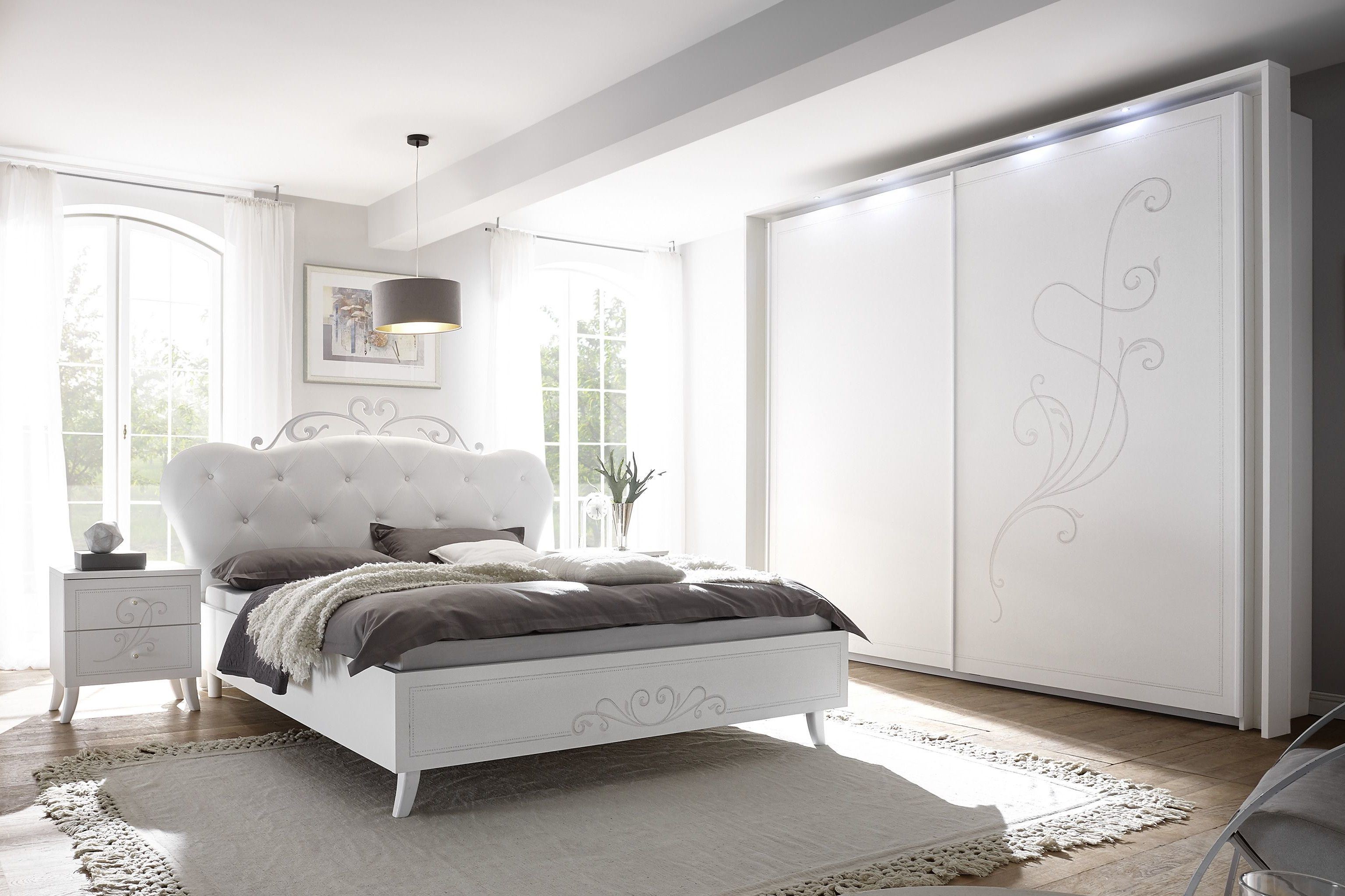 Camera LUNA Fregio bianco frassino con armadio scorrevole L.243, letto e  coppia comodini