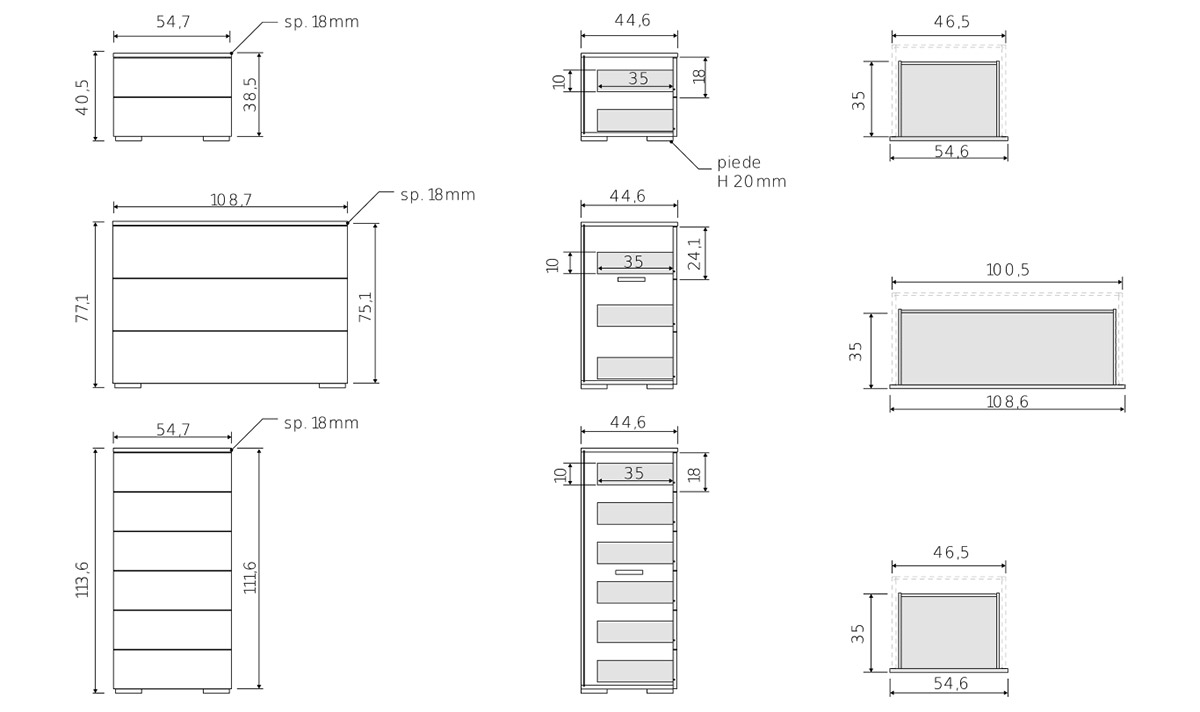 comodini, settimino e cassettiera camera design moderno